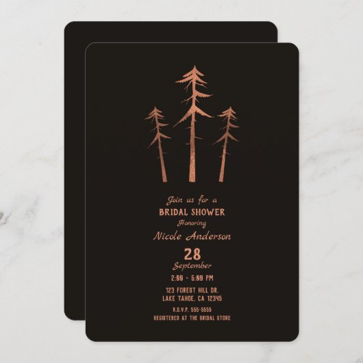 銅青銅背の高い松の木の素朴ブライダルシャワー 招待状 (正面/裏面)