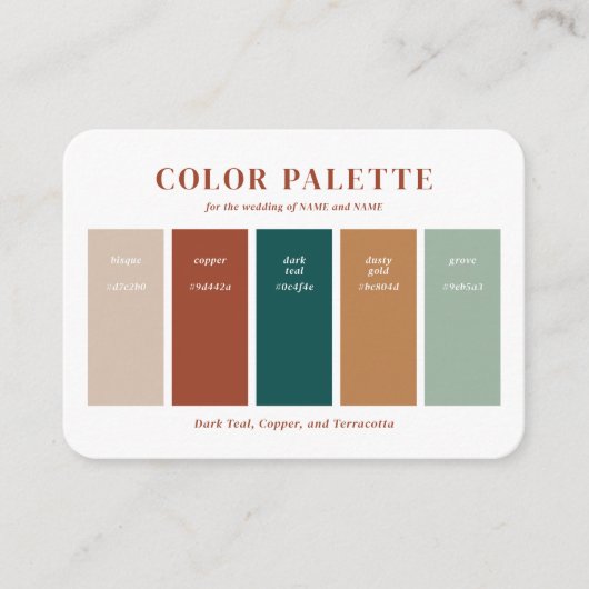 銅、ベージュ、および暗いティール(緑がかった色)の結婚カラーパレット エンクロージャーカード (正面)