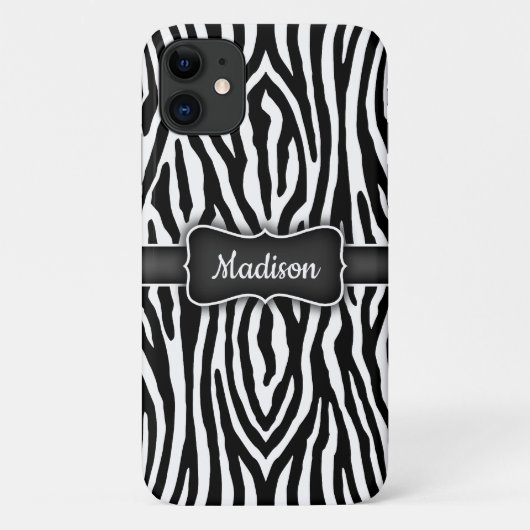 銘板のある白黒ゼブラストライプ Case-Mate iPhoneケース (裏面)