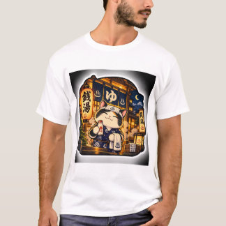 銭湯の夜の猫Tシャツ | 日本の銭湯レトロデザイン Tシャツ