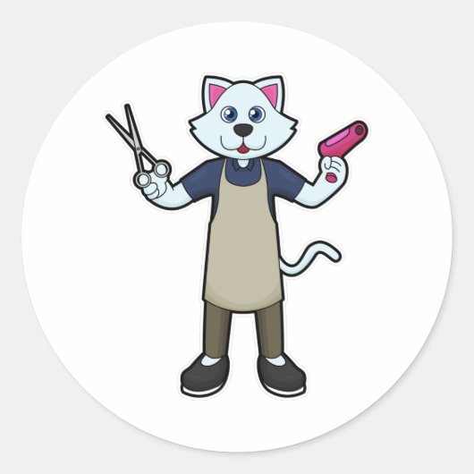 鋏とヘアドライヤーで理容師の猫 ラウンドシール (正面)