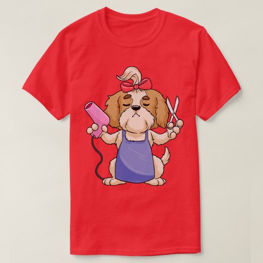鋏とヘアドライヤーを持つ美容師としての犬 Tシャツ (デザイン正面)