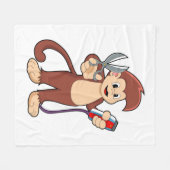 鋏と剃刀で美容師として猿 フリースブランケット (正面(横))