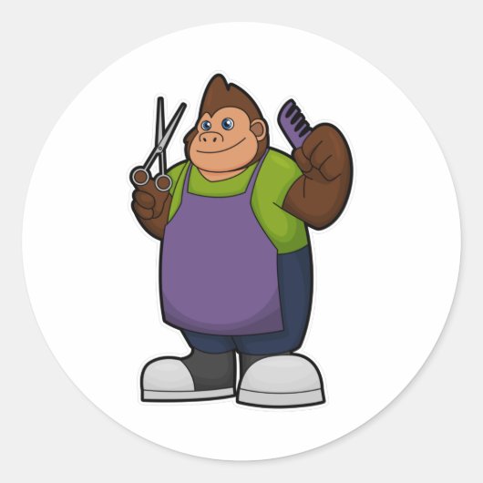 鋏と櫛で理髪師のゴリラ ラウンドシール (正面)
