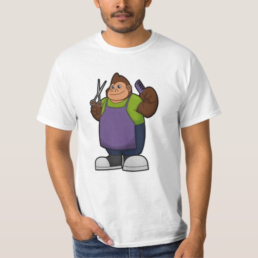 鋏と櫛で理髪師のゴリラ Tシャツ (正面)