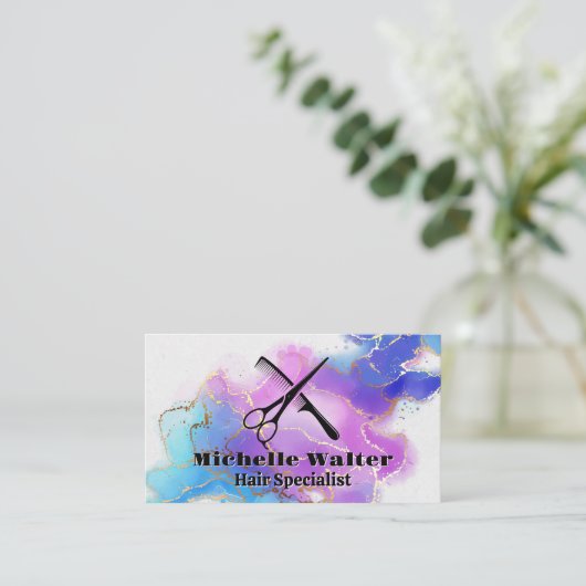 鋏と櫛 |水彩金箔 名刺 (スタンド正面)