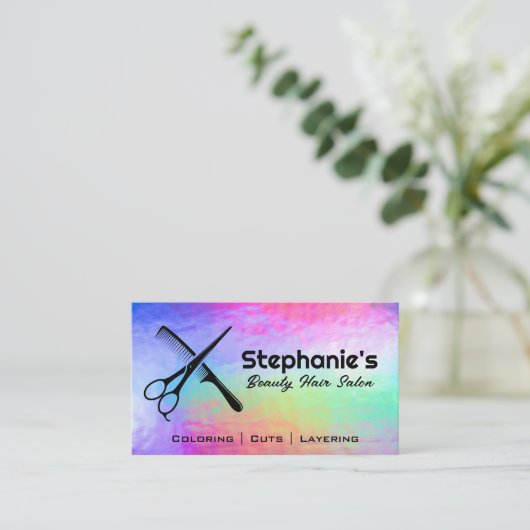 鋏と櫛 |虹色の背景 名刺 (スタンド正面)