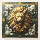 鋭いはっきりした緑の目を持つゴールデンライオン ガラスコースター (正面)