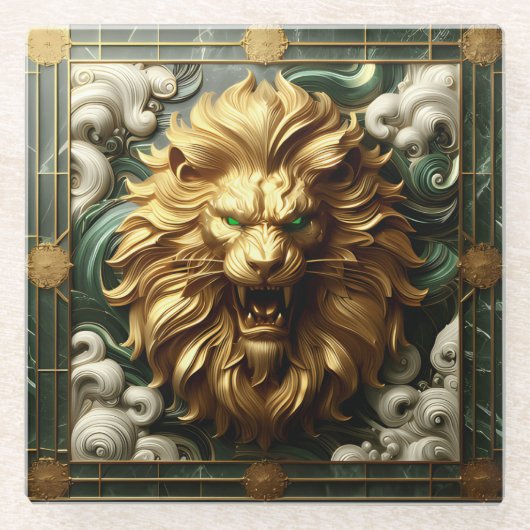 鋭いはっきりした緑の目を持つゴールデンライオン ガラスコースター (正面)