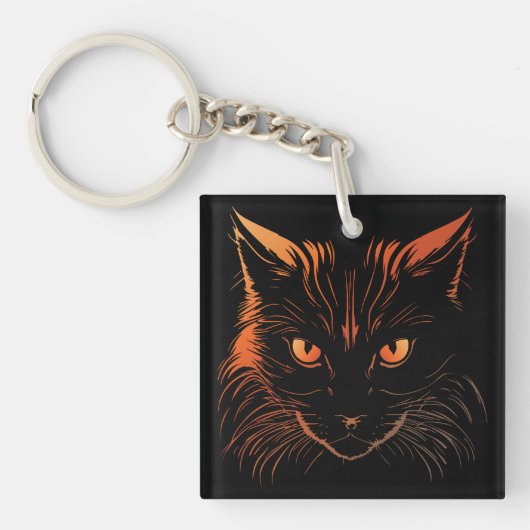 鋭いオレンジ色の目の猫イラスト キーホルダー (正面)