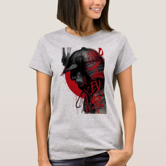 鋭い侍戦士 赤い太陽 日本の墨 女性 Tシャツ (正面)