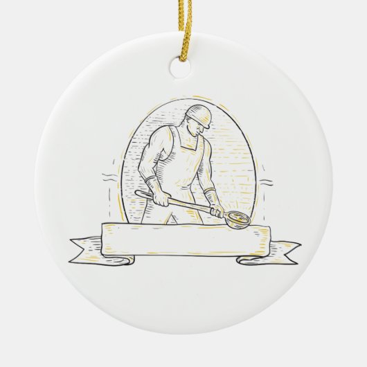 鋳物場の労働者の鋼鉄ひしゃくのMionoライン セラミックオーナメント (正面)