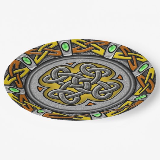 鋼鉄、革および宝石のデジタル画像のケルト結び目模様 ペーパープレート (アングル)