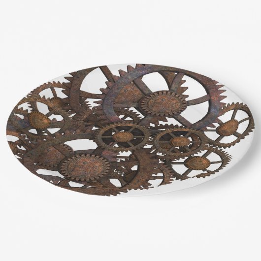 錆ついたSteampunkの金属のギア ペーパープレート (アングル)