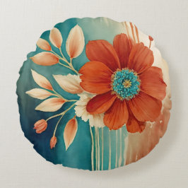 錆とターコイズフローラ抽象芸術 ラウンドクッション