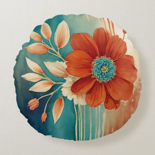 錆とターコイズフローラ抽象芸術 ラウンドクッション (正面)