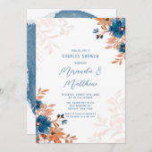 錆と青の水色の花模様カップルのシャワー 招待状 (正面/裏面)