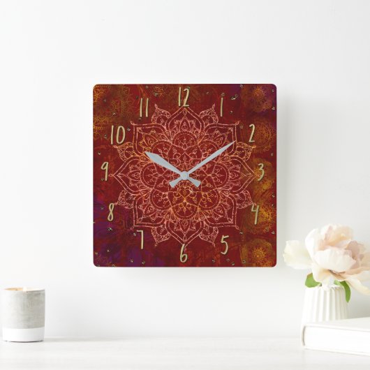 錆の赤い曼荼羅の金ゴールドの魅力的でモダンな上品 スクエア壁時計 (ホーム)