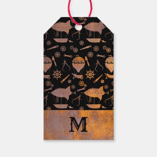 錆びたスチームパンク飛行船モノグラム ギフトタグ (正面)