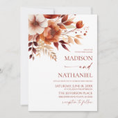 錆びたブルゴーニュ茶フローラフラワーガーデン結婚ズ 招待状 (正面)