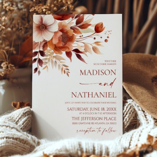 錆びたブルゴーニュ茶フローラフラワーガーデン結婚ズ 招待状