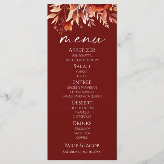 錆びたブルゴーニュ茶色のフローラ結婚の花 メニュー (正面)