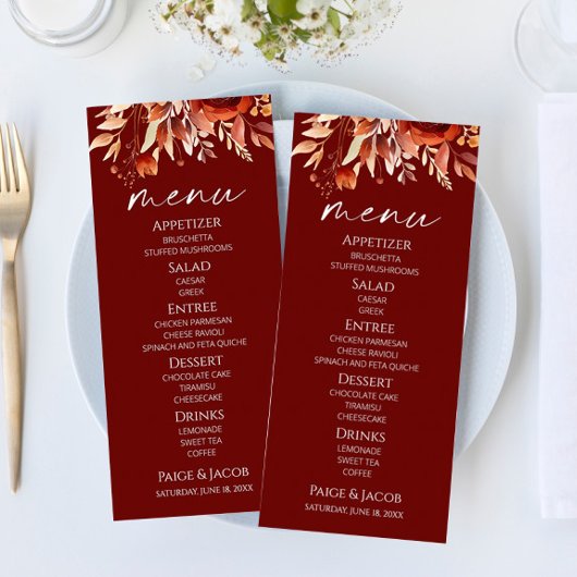 錆びたブルゴーニュ茶色のフローラ結婚の花 メニュー