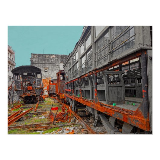 錆びた古い機関車と列車の荷車 ポスター (正面)
