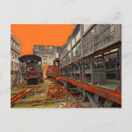 錆びた古い機関車と列車の荷車 ポストカード