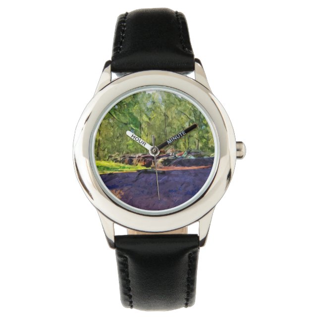 錆びた古い車とトラックの列抽象芸術 腕時計 (正面)