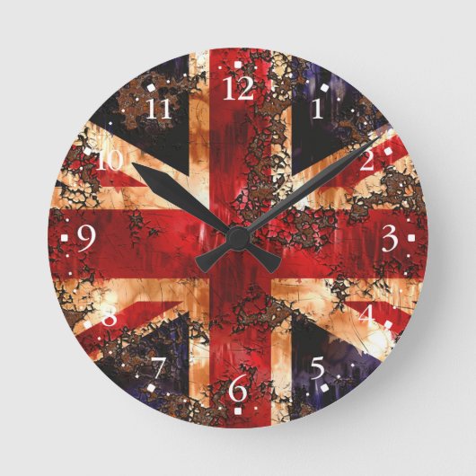 錆びた愛国的なイギリスの旗 ラウンド壁時計 (正面)