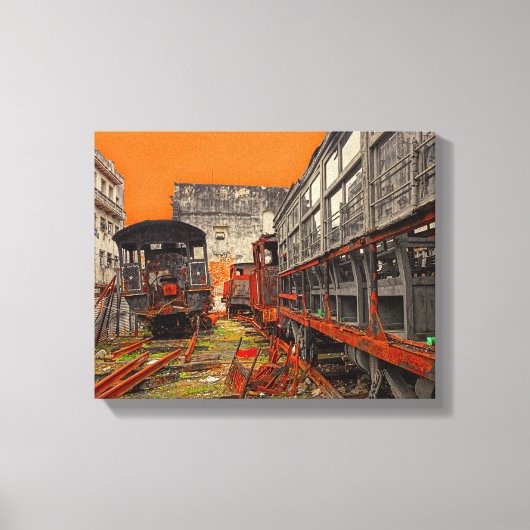 錆びた機関車と列車の荷馬車 キャンバスプリント (正面)