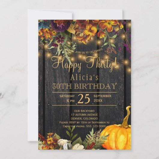 錆びた秋の花の素朴な30歳の誕生日 招待状 (正面)
