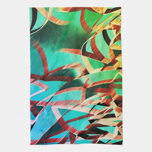 錆びた緑とアクアマリンに茶色の縞 キッチンタオル (縦)