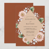 錆びた色のデイジーの葉の結婚式 招待状 (正面/裏面)