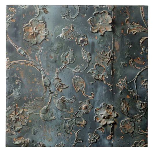 錆びた金属の古風な花模様 タイル (正面)