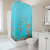 錆びた青絵を描い金属壁。詳細な写真のテキスト シャワーカーテン (インサイチュ)