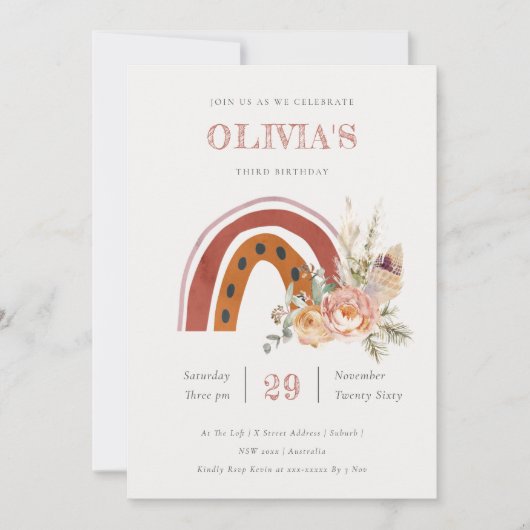 錆びボホフローラレインボニーエイジ誕生日招待状 サンキューカード (正面)