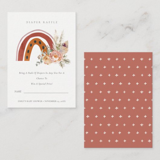 錆びボホフローラレインボーおむつラッフルベビーシャワー エンクロージャーカード (正面/裏面)