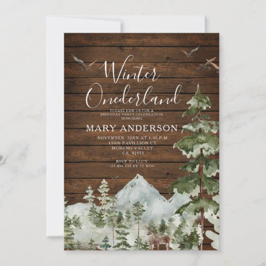 錆び木の冬のオネダーランド誕生日の森 招待状 (正面)