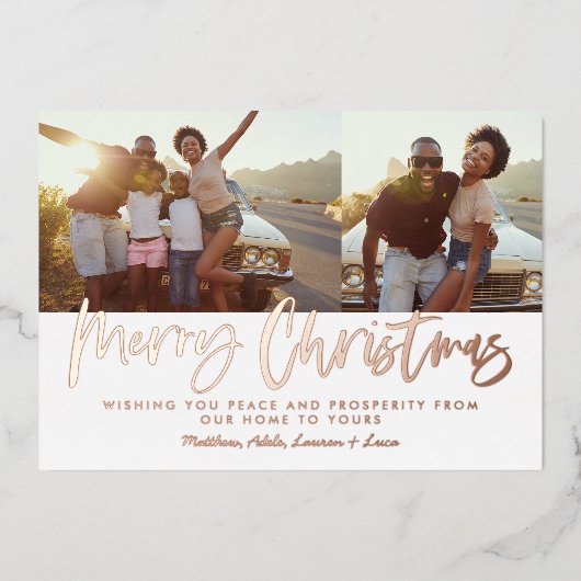錆び白スクリプトのクリスマス2写真ホリデー 箔シーズンカード (正面)