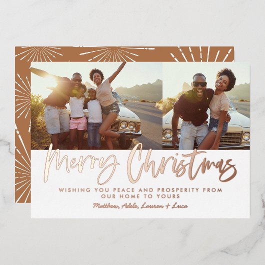 錆び白スクリプトのクリスマス2写真ホリデー 箔シーズンカード (正面/裏面)