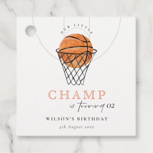 錆び私たちの小さなチャンプバスケ任意の年齢誕生日 フェイバータグ (正面)