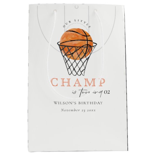 錆び私たちの小さなチャンプバスケ任意の年齢誕生日 ミディアムペーパーバッグ (正面)