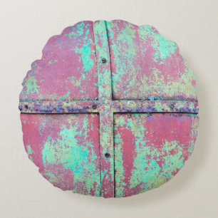 錆び絵を描の付いた古い緑の壁。グランジr ラウンドクッション