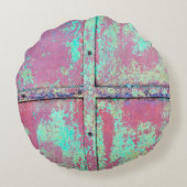 錆び絵を描の付いた古い緑の壁。グランジr ラウンドクッション (裏面)