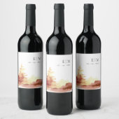 錆オレンジイエロー秋ツリーズモノグラム結婚ズ ワインラベル (ボトル)