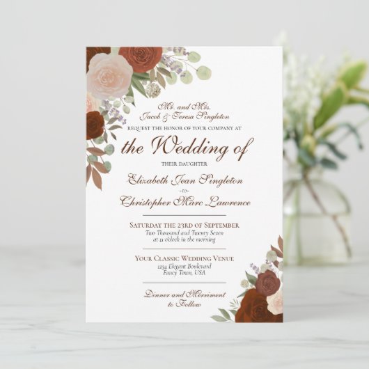 錆オレンジ色の水の色のバラフォーマルの結婚数 招待状 (スタンド正面)