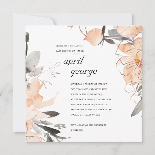 錆テラコッタブラウンフローラベビーシャワー招待状 サンキューカード (正面)