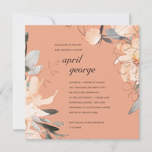 錆テラコッタブラウンフローラベビーシャワー招待状 サンキューカード (正面)